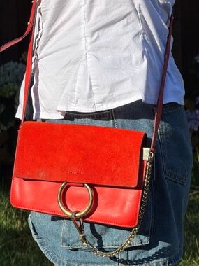 Chloe Red Leather and Suede Crossbody with Gold Ring